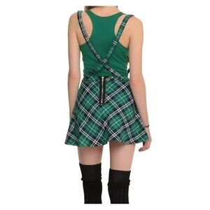 Royal Bones Hot Topic Tartan Plaid Skirt M Green Suspenders School Girl Y2K NEW